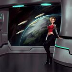  1girl absurdres amarr_empire_(eve_online) arm_tattoo asymmetrical_hair bare_arms bare_shoulders belt black_belt black_pants black_shoes blonde_hair blue_eyes breasts brown_hair capital_ship_(eve_online) carthum_conglomerate_(eve_online) collarbone commentary commission covered_nipples cyborg damillia_seraph eve_online fleet freighter_(eve_online) full_body glowing gradient_hair hauling_ship_(eve_online) high_heels highres in_orbit indoors large_breasts linea_alba lips looking_at_viewer mechanical_arms midriff multicolored_hair nose original pants planet prosthesis prosthetic_arm providence_(eve_online) red_lips red_tank_top science_fiction shoes short_hair single_mechanical_arm sky solo space spacecraft spacecraft_interior standing star_(sky) starry_sky stomach tank_top tattoo two-tone_hair uliel window 