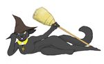  ankh anthro black_fur broom collar darkvrain4 feline female fur hat housepets! lying mammal sabrina_(housepets!) seductive simple_background smile tongue tongue_out witch_hat yellow_eyes 