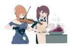  2girls absurdres apron black_gloves blue_dress blush censored closed_eyes closed_mouth commentary cropped_torso dress dress_flower flower frying_pan girls&#039;_frontline gloves hair_ribbon highres holding holding_instrument holding_violin instrument long_hair mosaic_censoring multiple_girls music myticalcat necktie official_alternate_costume open_mouth orange_hair playing_instrument purple_hair red_necktie red_ribbon ribbon shirt simple_background springfield_(girls&#039;_frontline) springfield_(queen_in_radiance)_(girls&#039;_frontline) sweatdrop violin wa2000_(girls&#039;_frontline) white_background white_flower white_shirt 