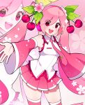  1girl artist_name cherry_blossoms cherry_hair_ornament cio_(ciosui) collared_shirt commentary english_commentary flower food-themed_hair_ornament hair_flower hair_ornament hatsune_miku headphones highres long_hair looking_at_viewer necktie open_mouth outstretched_arm pink_hair pleated_skirt red_eyes sakura_miku shirt skirt sleeveless sleeveless_shirt smile solo thighhighs twintails very_long_hair vocaloid zoom_layer 