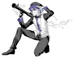  1girl aa_kabeuchi beret collared_shirt commentary_request exhaust full_body hat highres holding holding_rocket_launcher holding_weapon index_finger_raised long_sleeves necktie on_one_knee one_eye_closed open_mouth pants partially_colored purple_eyes purple_hair purple_necktie robot_ears rocket_launcher shading_eyes shirt shoes short_hair simple_background smirk smoke solo utane_uta utau weapon 