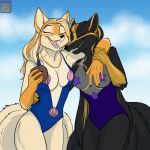 anthro beverage black_body black_fur black_nose breasts canid canine clothed clothing coconut coconut_drink dreamspinner drupe_(fruit) duo eyes_closed female food fox foxenawolf fruit fur mammal multi_tail open_mouth pasties plant rinka_(datban) siln_(datban) swimwear tail tan_body tan_fur teeth