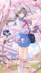  1girl absurdres aqua_eyes bag bag_charm bird black_bag black_hairband blue_choker blue_nails blue_sailor_collar blue_skirt blue_sky book bow breast_pocket breasts building buttons character_request charm_(object) check_character check_copyright cherry_blossoms choker closed_mouth commentary_request commission copyright_request day earrings floating_hair flower grey_hair hair_bow hairband highres holding holding_book jewelry kneehighs light_smile long_hair long_sleeves looking_at_viewer low_twintails luai medium_breasts mountainous_horizon nail_polish neckerchief open_book outdoors partially_unbuttoned pen penguin pink_flower pink_neckerchief pocket sailor_collar school_bag school_uniform serafuku shirt skirt sky socks solo tree twintails virtual_youtuber white_shirt white_socks xy_production yawara_(vtuber) 