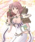  1girl argyle_clothes argyle_dress belt book breasts brown_belt brown_eyes cleavage closed_mouth commentary_request cowboy_shot dated_commentary detached_sleeves dress fur_collar holding holding_book holding_mask large_breasts looking_at_viewer mask medium_hair pink_hair ragnarok_online sharari sleeveless sleeveless_dress smile solo sorcerer_(ragnarok_online) star_(symbol) unworn_mask white_dress white_sleeves yellow_background 