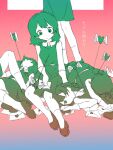  6+girls arrow_(projectile) arrow_through_heart chill_(chill_meal) clone closed_mouth commentary dated_commentary dress envelope expressionless gloves gradient_background green_dress green_eyes green_hair hand_on_lap heart heart_arrow highres holding holding_envelope iyowa_girls loafers looking_down love_letter medium_hair multiple_girls pile_of_corpses pink_background shoes short_dress sitting sleeveless sleeveless_dress socks song_name standing tabun_owari_(vocaloid) tawari_(iyowa) white_gloves white_socks 