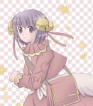  1girl bell brown_bag brown_jacket brown_skirt checkered_background closed_mouth commentary_request cowboy_shot dated_commentary expressionless hair_bell hair_ornament jacket jingle_bell long_sleeves looking_at_viewer merchant_(ragnarok_online) pink_background purple_eyes purple_hair ragnarok_online sharari shirt short_hair skirt solo white_background white_shirt 