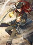 1boy boots brown_boots coin coin_flip commentary_request company_name fire_emblem fire_emblem:_the_sacred_stones fire_emblem_cipher glint hat holding holding_sword holding_weapon jewelry joshua_(fire_emblem) long_hair male_focus official_art p-nekor red_eyes red_hair ring solo sword weapon 