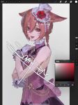  1girl absurdres alariess animal_ears art_program_in_frame back_bow black_bow black_bowtie black_skirt bow bowtie cat_ears chinese_commentary commentary_request cowboy_shot double-parted_bangs final_fantasy final_fantasy_xiv flower frilled_gloves frills glove_bow gloves hair_between_eyes hand_on_own_shoulder hat highres mini_hat mini_top_hat miqo&#039;te open_clothes open_mouth open_vest orange_hair pink_bow pink_shirt pink_vest procreate_(medium) procreate_(software) red_eyes red_flower red_rose rose shirt skirt sleeveless sleeveless_shirt smile solo top_hat vest warrior_of_light_(ff14) white_gloves white_hat 