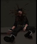  1boy against_wall ammunition_belt between_legs black_boots black_gloves black_hair blood blood_on_arm blood_on_clothes blood_on_face blood_splatter boots broken_skull combat_belt death exploded_head fingerless_gloves full_body gloves gun guro hand_between_legs highres looking_at_viewer multiple_scars nekromaxxing original scar scar_on_arm self-harm_scar short_hair shotgun sitting solo spread_legs suicide weapon wrist_cutting 