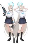  2girls absurdres asuna_(blue_archive) asuna_(school_uniform)_(blue_archive) black_choker black_shoes black_skirt black_socks blue_archive blue_bow blue_bowtie blue_eyes blue_nails blue_ribbon blue_scrunchie bow bowtie breasts choker closed_eyes closed_mouth collared_shirt full_body grey_hair gun hair_over_one_eye hair_ribbon halo highres holding holding_gun holding_weapon holster large_breasts long_hair multiple_girls official_alternate_costume open_mouth pleated_skirt ribbon rifle school_uniform scrunchie shirt shoes skirt socks thigh_holster tnr_(horiko1525) weapon white_shirt wrist_scrunchie 
