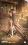  1girl absurdly_long_hair all-night_reverie_(shining_nikki) ancient_egyptian_clothes artist_request bangle bare_shoulders beads bracelet brown_hair character_name circlet copyright_name dark-skinned_female dark_skin english_text fire full_body gold_armlet gold_bracelet green_shirt green_skirt hair_beads hair_ornament hand_on_ground hester_(shining_nikki) highres holding indoors jewelry light_particles light_rays light_smile logo long_hair long_skirt looking_at_viewer looking_back midriff multiple_bracelets nikki_(series) object_request official_art on_floor parted_lips pillar plant potted_plant reflective_floor second-party_source shining_nikki shirt sitting skirt skirt_set solo statue straight_hair sunset thigh_strap tile_floor tiles torch usekh_collar vase very_long_hair yellow_eyes 