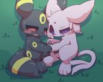  ambiguous_gender big_ears black_fur black_sclera blush duo eeveelution espeon feral fur grass holding_paws lying naughty_face nettsuu nintendo on_side open_mouth paws pok&eacute;mon purple_eyes purple_fur red_sclera simple_background sweat umbreon video_games yellow_fur 