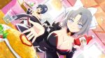  2girls angel_mort artist_request black_collar black_leotard blue_eyes blue_hair bottle breasts cherry cleavage collar crossover detached_collar drink flower food fruit game_cg glass grey_hair hair_flower hair_ornament hair_ribbon heart highres higurashi_no_naku_koro_ni higurashi_no_naku_koro_ni_mei holding holding_bottle holding_tray ice indoors ketchup ketchup_bottle large_breasts leotard long_sleeves looking_at_viewer medium_hair multiple_girls non-web_source official_art omelet omurice open_mouth outstretched_hand ribbon senran_kagura short_hair smile sparkle tray water white_ribbon yozakura_(senran_kagura) yumi_(senran_kagura) 