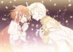  1boy 1girl armor blonde_hair bow brown_coat cape circlet closed_eyes coat commentary_request couple forehead-to-forehead gloves hair_bow heads_together hetero high_priest_(ragnarok_online) lord_knight_(ragnarok_online) multicolored_coat open_mouth pauldrons pink_bow pink_hair purple_background purple_shirt ragnarok_online red_cape sharari shirt short_hair shoulder_armor smile two-tone_coat upper_body white_coat white_gloves 