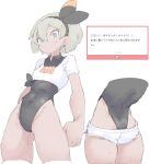  1girl absurdres ass bea_(pokemon) black_bodysuit black_hairband bodysuit bodysuit_under_clothes bow_hairband breasts closed_mouth dark-skinned_female dark_skin gloves grey_eyes grey_hair hair_between_eyes hairband highres looking_at_viewer mocamocaink pokemon pokemon_swsh print_shirt shirt short_hair short_sleeves shorts side_slit side_slit_shorts solo tied_shirt 
