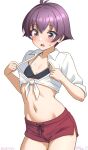  1girl antenna_hair bikini bikini_under_clothes black_bikini breast_conscious brown_eyes collared_shirt cosplay cowboy_shot dress_shirt flat_chest kantai_collection navel noshiro_(kancolle) noshiro_(kancolle)_(cosplay) noshiro_(swimsuit)_(kancolle) one-hour_drawing_challenge open_mouth purple_hair ray.s red_shorts sakawa_(kancolle) shirt short_hair shorts simple_background solo sweat swimsuit tied_shirt white_background white_shirt 