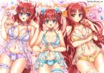  3girls :d ahoge alternate_costume amairo_islenauts animal_ears antenna_hair arm_under_breasts ass_visible_through_thighs babydoll bare_shoulders bed_sheet blue_babydoll blue_bow blue_choker blue_eyes blue_panties blush bow bow_choker bow_panties braid breasts breasts_apart cameltoe candy choker cleavage closed_mouth collarbone color_connection commentary_request company_connection cowboy_shot crossover dracu-riot! eyelashes eyes_visible_through_hair fang food fuyukichi_(nikoniko1567) hair_between_eyes hair_bow hair_color_connection hair_ornament halterneck hand_up hands_up holding holding_food lace-trimmed_babydoll lace_trim large_breasts long_hair looking_at_viewer lying macaron masaki_gaillard medium_hair mibu_chisaki multiple_girls navel on_back orange_bow orange_ribbon panties purple_babydoll purple_bow purple_choker purple_eyes purple_panties red_hair ribbon riddle_joker shiny_skin side-by-side single_braid smile star_(symbol) tail teeth thigh_gap thigh_strap twintails twitter_username underwear underwear_only upper_teeth_only very_long_hair wavy_hair wolf_ears wolf_girl wolf_tail x_hair_ornament yarai_miu yellow_babydoll yellow_choker yellow_eyes yellow_panties yuzu-soft 