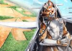 2022 acrylic_painting_(artwork) african_wild_dog aircraft airplane anthro artist_name blue_eyes brown_body brown_fur canid canine casual_nudity cockpit collar collar_only colored_pencil_(artwork) field fur harness head_tuft heather_bruton inside_airplane landscape looking_away male mammal markings multicolored_body multicolored_fur nipples nude painting_(artwork) perspective pilot sky solo spots spotted_body spotted_fur steen_(stripeyyena) text traditional_media_(artwork) traditional_painting_(artwork) tuft vehicle white_body white_fur year