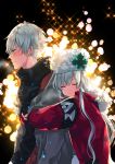  1boy 1girl anastasia_(fate/grand_order) black_background black_sweater blush coat couple embarrassed eyes_closed fate/grand_order fate_(series) from_side hat highres hug hug_from_behind kadoc_zemlupus long_hair open_clothes open_coat red_coat shika_(isk_mjkss) silver_hair smile sweater turtleneck turtleneck_sweater upper_body white_hat winter_clothes winter_coat yellow_eyes 