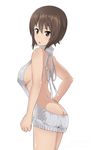  ass back backless_dress backless_outfit bare_back blush breasts brown_eyes brown_hair butt_crack covered_nipples cowboy_shot dress girls_und_panzer halterneck highres large_breasts majikaru_bushi meme_attire naked_sweater nishizumi_maho no_bra no_panties open_mouth sideboob solo sweater sweater_dress turtleneck turtleneck_sweater virgin_killer_sweater 