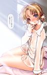  :d ass bangs bare_legs black_bow blonde_hair blue_eyes blush bow braid breasts breath collarbone ear_blush eyebrows_visible_through_hair forehead girls_und_panzer gizensha hair_bow light_rays looking_at_viewer naked_shirt nose_blush on_bed open_mouth orange_pekoe see-through shirt short_hair sitting sitting_on_bed small_breasts smile solo speech_bubble sunbeam sunlight sweat tied_hair translated twin_braids wide_hips wing_collar 