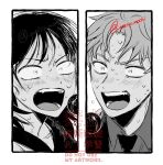  1boy 1girl :o blush collared_shirt commentary futsuu_no_keion-bu greyscale hatono_chihiro melty_mochi microphone monochrome music necktie open_mouth portrait shirt short_hair singing split_screen spot_color sweater takami_kouki teeth twitter_username v-shaped_eyebrows watermark 