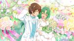 1boy 1girl arm_behind_head artist_request blue_bow blue_bowtie blue_flower blue_vest bouquet bow bowtie breasts bridal_veil brown_hair cleavage closed_eyes dress flower game_cg grass green_hair grin highres higurashi_no_naku_koro_ni higurashi_no_naku_koro_ni_mei holding holding_bouquet jacket jewelry large_breasts locked_arms long_hair maebara_keiichi necklace non-web_source official_art open_mouth outdoors pants pink_flower pink_petals ponytail rose shirt short_hair smile sonozaki_mion sparkle suit table tablecloth veil vest wedding wedding_dress white_dress white_jacket white_pants white_shirt white_suit yellow_flower yellow_rose 