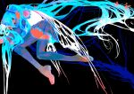  1girl absurdly_long_hair aqua_hair black_background black_eyes boots chinese_commentary colored_skin commentary_request covering_own_mouth detached_sleeves flower full_body gradient_hair hair_flower hair_ornament hair_spread_out hatsune_miku highres huaji_niang insect_wings long_hair looking_at_viewer lying multicolored_hair number_tattoo on_side orange_flower orange_hair orange_skin purple_boots purple_skirt shinu_semi_wa_kangaeru._(vocaloid) shirt shoulder_tattoo simple_background skirt sleeveless sleeveless_shirt solo tattoo thigh_boots very_long_hair vocaloid white_shirt wings 