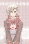  1boy 1girl :d armor asymmetrical_bangs blonde_hair blush breastplate brown_background brown_coat chainmail circlet closed_eyes closed_mouth coat commentary_request cross gold_trim green_eyes hair_between_eyes hetero hug hug_from_behind knight_(ragnarok_online) long_sleeves looking_at_viewer open_mouth pink_hair priest_(ragnarok_online) ragnarok_online red_coat red_hair sharari short_hair smile upper_body 