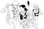  3boys astarion baldur&#039;s_gate baldur&#039;s_gate_3 bird black_hair cazador_szarr crow dungeons_&amp;_dragons flower greyscale height_difference highres lily_(flower) long_hair medium_hair monochrome multiple_boys pants pointy_ears ponytail pouring short_hair suit teapot vellioth vest waistcoat whxqxqaaa! 
