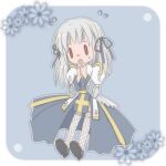  1girl arch_bishop_(ragnarok_online) black_shoes blue_background blue_ribbon commentary_request cross dated_commentary dress fishnet_thighhighs fishnets flying_sweatdrops frilled_thighhighs frills full_body grey_hair hair_ribbon juliet_sleeves long_hair long_sleeves looking_at_viewer lowres notice_lines open_mouth own_hands_together puffy_sleeves ragnarok_online red_eyes ribbon sash sharari shoes solid_oval_eyes solo thighhighs two-tone_dress white_dress white_thighhighs yellow_sash 