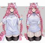  1girl absurdres animal_ears arm_behind_back black_choker blue_scrunchie blush braid breasts choker closed_mouth commentary cropped_legs english_commentary fingernails grey_background grin hair_intakes heart highres hololive hololive_english keisea large_breasts long_hair looking_at_viewer meme multicolored_hair nail_polish pajamas_challenge_(meme) panther_ears panther_girl panther_tail pink_hair pink_nails raora_panthera scrunchie shirt shirt_tug short_sleeves smile solo_focus streaked_hair t-shirt tail thighs twin_braids twintails two-tone_background two-tone_hair virtual_youtuber white_background white_hair white_shirt wrist_scrunchie yellow_eyes 