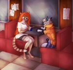  ambiguous_gender anthro can canine clothed clothing duo feline female feral fur hair hybrid inside mammal pepsi sitting smile zumjakal 