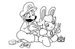 2023 4_fingers accessory anthro bent_legs big_nose black_eyes black_facial_hair black_mustache bottomless bottomless_anthro bottomless_female bow_ribbon braided_hair braiding_hair brush cellphone clothed clothed_human clothed_male clothing crossed_legs crossover crown digital_drawing_(artwork) digital_media_(artwork) duo electronics english_description eyebrows facial_hair female female_anthro fingers footwear fully_clothed fully_clothed_human fully_clothed_male gloves grey_body grey_eyebrows grey_eyelids grey_hair grey_inner_ear grey_skin greyscale hair hair_accessory hair_bow hair_ribbon hairbrush half-closed_eyes handwear hat headgear headwear holding_cellphone holding_object holding_phone human lagomorph larger_human larger_male long_ears long_hair looking_at_cellphone looking_at_object looking_at_phone luigi male male_human mammal mario_bros mario_plus_rabbids_kingdom_battle mitten_hands monochrome mustache narrowed_eyes nintendo no_eyebrows noseless overalls personal_grooming phone rabbid rabbid_peach raving_rabbids raygirl rayman_(series) ribbons shoes simple_background sitting size_difference smaller_anthro smaller_female styling_hair tongue tongue_out ubisoft white_background white_body white_clothing white_footwear white_hair white_shoes white_skin
