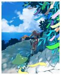  1girl bandana bike_shorts bike_shorts_under_shorts breasts brown_hair fanny_pack gloves highres holding holding_letter jirachi letter long_hair may_(pokemon) ocean outdoors pokemon pokemon_(creature) pokemon_rse popcorn_91 red_bandana red_shirt shirt short_hair shorts shorts_under_shorts 