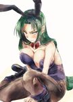  animal_ears bare_shoulders biting black_footwear boots breasts bunny_ears bunnysuit cross-laced_footwear dark_green_hair detached_collar green_hair hairband knee_boots lace-up_boots large_breasts lip_biting long_hair mima pantyhose scowl solo touhou touhou_(pc-98) yohane 