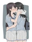  2girls bag bang_dream! bang_dream!_it&#039;s_mygo!!!!! black_hair blue_bag blue_neckerchief blue_shirt blush closed_eyes commentary_request hand_on_another&#039;s_waist highres kiss lehcar long_hair medium_hair multiple_girls neckerchief pleated_skirt sailor_collar shiina_taki shirt shoulder_bag skirt towel wet wet_clothes white_sailor_collar white_skirt yahata_umiri yuri 