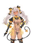  1girl absurdres areola_slip black_bow black_gloves black_one-piece_swimsuit black_thighhighs blush bow breasts corruption dark-skinned_female dark_persona dark_skin demon_tail elbow_gloves frilled_thighhighs frills gears girls&#039;_frontline gloves grey_hair hair_bow hair_ornament hand_on_own_hip highres large_breasts logia13laplace long_hair looking_at_viewer navel one-piece_swimsuit orange_eyes pubic_tattoo puffy_short_sleeves puffy_sleeves short_sleeves shrug_(clothing) simple_background slave slingshot_swimsuit smile solo swimsuit tail tattoo thighhighs tongue tongue_out transparent_background ts_magical_girl_nao twintails ump9_(girls&#039;_frontline) variant_set white_background white_hair wings 