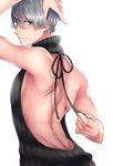  backless_dress backless_outfit bare_back blue_eyes blush dress from_behind halterneck looking_back male_focus meme_attire naked_sweater ribbed_sweater silver_hair smile solo sweat sweater sweater_dress turtleneck turtleneck_sweater uni_campanella upper_body viktor_nikiforov virgin_killer_sweater yuri!!!_on_ice 