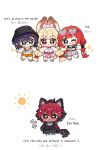  1boy 3girls :3 :d ;d alice_thymefield animal_ears belle_(zenless_zone_zero) bilingual_text black_hat black_jacket blonde_hair blue_hair blush braid cat_boy cat_ears cat_tail character_request chibi chibi_only commentary english_text eyewear_on_head green_eyes green_pants hair_ornament hairband hat heart heart-shaped_eyewear heterochromia highres hot hue_oo jacket komano_manato korean_text letter_hair_ornament long_hair midriff mixed-language_text multiple_girls navel one_eye_closed open_mouth pants rabbit_ears rabbit_girl rabbit_tail red_eyes red_hair short_hair simple_background smile sparkle standing sun sunglasses sweat symbol-only_commentary tail twin_braids ukinami_yuzuha very_long_hair white_background white_hairband yellow_eyes zenless_zone_zero 