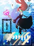  1boy 1girl black_dress black_gloves blonde_hair chinese_text chocolat_meilleure commentary_request dress earrings elbow_gloves gloves green_eyes high_heels highres holding holding_wand jacket jewelry long_hair magical_girl open_mouth orange_hair pierre_tempete_de_neige short_hair smile sugar_sugar_rune tiara translation_request wand yuzikoz_mega 
