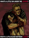  1boy 1girl arm_around_neck arm_hair beard_stubble beating black_eyes black_hair bleeding blonde_hair blood blood_drip blood_on_arm blood_on_clothes blood_on_face closed_eyes clothed_male_nude_female covering_nipples covering_privates crying english_text facial_hair green_shirt hand_on_another&#039;s_head hand_on_another&#039;s_shoulder hetero highres hug leaning_on_person letterboxed long_hair looking_at_another lyrics nekromaxxing no_shirt nude original playing_with_own_hair shirt short_hair sleeves_rolled_up stubble upper_body very_long_hair 