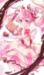  1girl :q absurdres bear_hair_ornament bow breasts cake cake_slice chocolate commentary corset dress finger_to_mouth floating_hair food fruit hair_ornament highres holding holding_plate kisaragi_shu looking_at_viewer orange_eyes original pink_bow pink_dress pink_hair pink_nails pink_shoes plate shoes signature sleeveless sleeveless_dress smile solo strawberry stuffed_animal stuffed_toy symbol-only_commentary teddy_bear tongue tongue_out valentine white_corset 