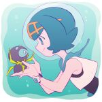  1girl 2nacl air_bubble blue_eyes blue_hair bracelet bubble closed_mouth collared_shirt commentary dewpider from_side highres holding holding_pokemon jewelry lana_(pokemon) no_sclera pokemon pokemon_(anime) pokemon_(creature) pokemon_sm_(anime) shirt short_hair sleeveless sleeveless_shirt smile underwater upper_body white_shirt 