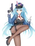  1girl azur_lane belt beretta_92 between_breasts black_leotard blue_hair blush breasts crotchless crotchless_pantyhose genius_1237to gloves gun handgun hat highres holding holding_gun holding_weapon holster jacket large_breasts leotard looking_at_viewer necktie necktie_between_breasts neptune_(azur_lane) neptune_(officer_bunneptune_is_on_the_case!)_(azur_lane) official_alternate_costume open_clothes pantyhose police police_hat red_necktie standing standing_on_one_leg thigh_holster utility_belt weapon white_gloves yellow_eyes 