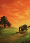  1boy 1girl absurdres alternate_form bandana commentary_request covered_wagon dragon_quest dragon_quest_viii facing_away from_behind grass hero_(dq8) highres horse medea_(dq8) medea_(horse)_(dq8) nogo_(nogo_059) orange_bandana orange_sky outdoors sky sunset sword sword_on_back tree weapon weapon_on_back 