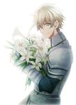  armor blonde_hair bouquet fate/extra fate_(series) flower gauntlets gawain_(fate/extra) green_eyes holding holding_flower kun_on looking_at_viewer male_focus simple_background smile solo white_background 