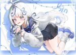  !? 1girl @_@ ahoge aokumo_rin attattya71756 bandaid bandaid_on_leg black_skirt blue_eyes blue_hair blue_ribbon blue_shoes character_name full_body grey_hair hair_ornament hair_ribbon heart heart_hair_ornament highres long_hair long_sleeves looking_at_viewer multicolored_hair neck_ribbon nervous_smile ribbon school_uniform shoes skirt smile socks solo stellive streaked_hair sweat virtual_youtuber white_socks 