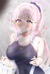 1girl :o ? @_@ adversarial_noise armpit_crease beckoning blue_archive blue_one-piece_swimsuit blush breasts cdim cleavage collarbone commentary_request covered_navel emblem english_text feathered_wings hair_ornament hair_over_shoulder hair_scrunchie halo hands_up highres kantai_collection long_hair long_sidelocks looking_at_penis loving_aura low_wings mika_(blue_archive) motion_lines one-piece_swimsuit orange_eyes parted_lips penis_shadow pink_hair pink_halo polka_dot polka_dot_scrunchie ponytail purple_scrunchie school_swimsuit scrunchie sidelocks solo steam steaming_body swimsuit trembling upper_body variant_set very_long_hair white_wings wings wispy_bangs 