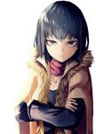  bangs black_eyes black_hair black_shirt breasts chiruru96 cleavage closed_mouth coat commentary_request crossed_arms frown fur heart heart_necklace highres long_sleeves looking_at_viewer medium_breasts original red_scarf scarf shirt short_hair solo upper_body 